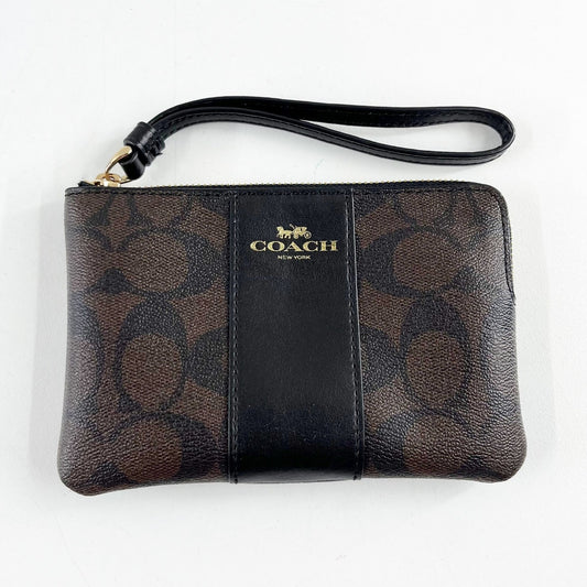 Coach Signature C Logo Zip Square Canvas Wallet Wristlet Brown Black