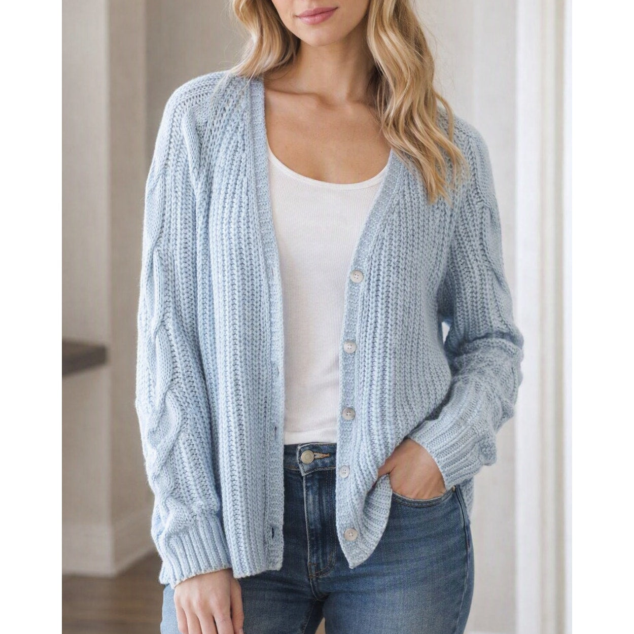 525 Long Cable Knit Sleeve Button Up Chunky Cotton Cardigan Sweater Light Blue L