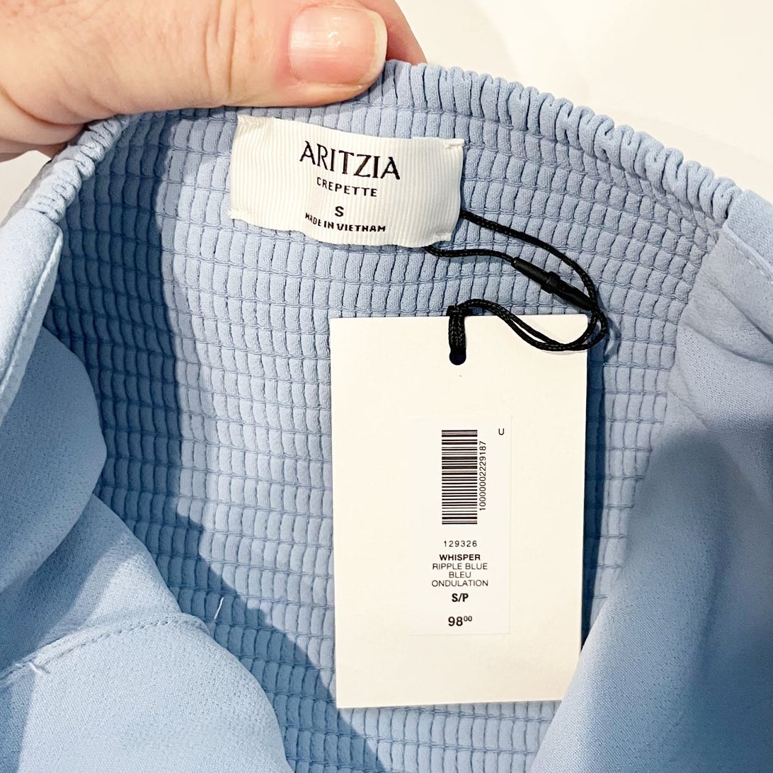 Aritzia Crepette Whisper Sleeveless Smocked Halter Bustier Top Ripple Blue Small