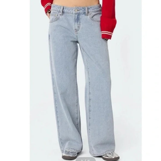 Edikted Low Rise Wide Leg Baggy Cotton Jeans Light Wash Blue Medium