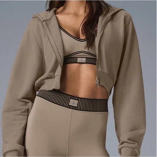 Alo Sweet Escape Full Zip Up Cropped Hoodie Sweatshirt Gravel Tan XS