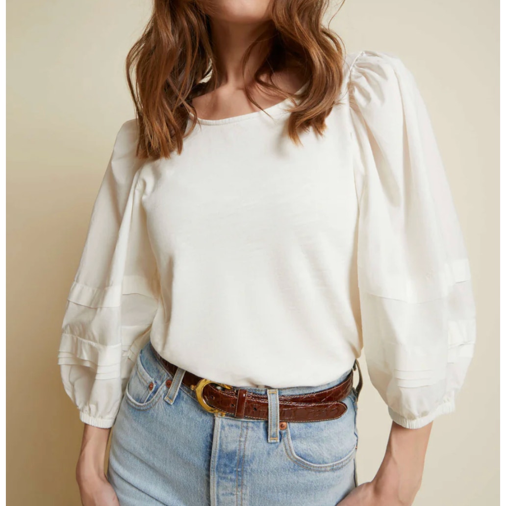 Nation LTD Gracie Pintuck Combo Tee Shirt Top in Cream Ivory XS