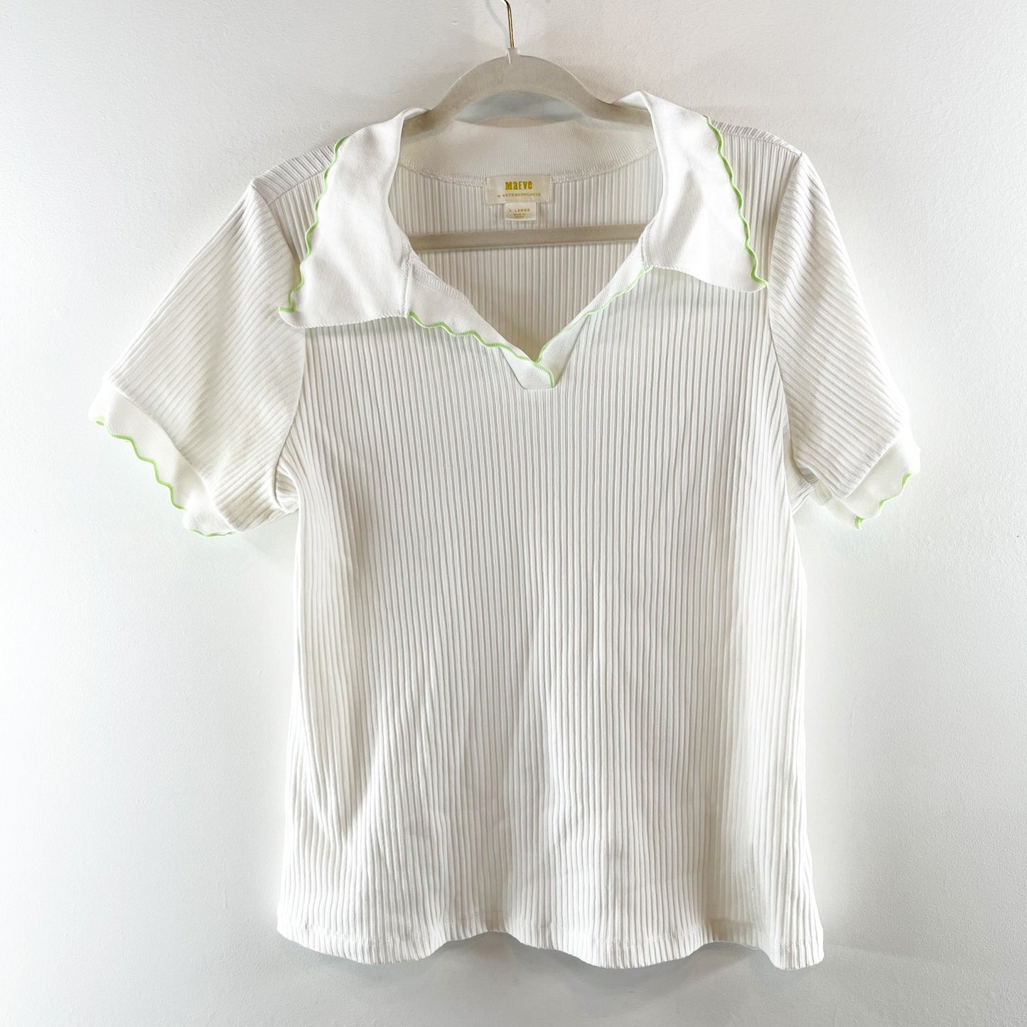 Maeve by Anthropologie Scalloped Short Sleeve Collared Polo Tee White Green XL