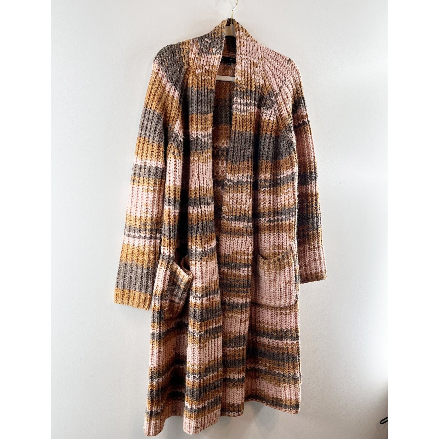 Skull Cashmere Open Striped Chunky Duster Cardigan Sweater Brown Pink Medium