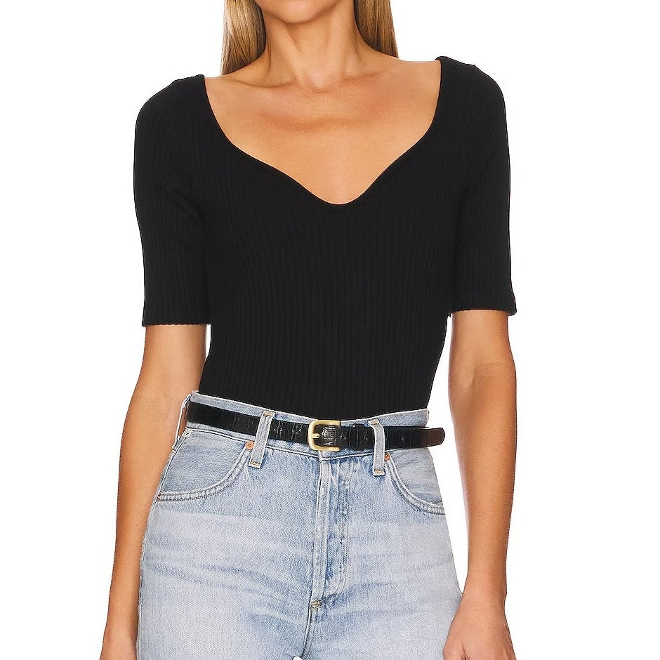 Citizens of Humanity Margot Ribbed Short Sleeve Sweater Top Black Small