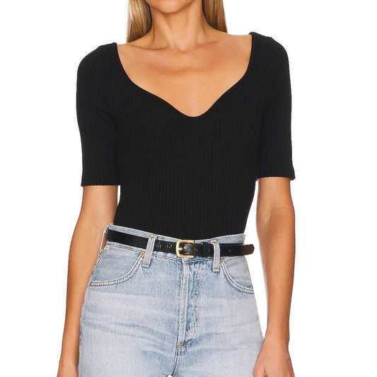 Citizens of Humanity Margot Ribbed Short Sleeve Sweater Top Black Small