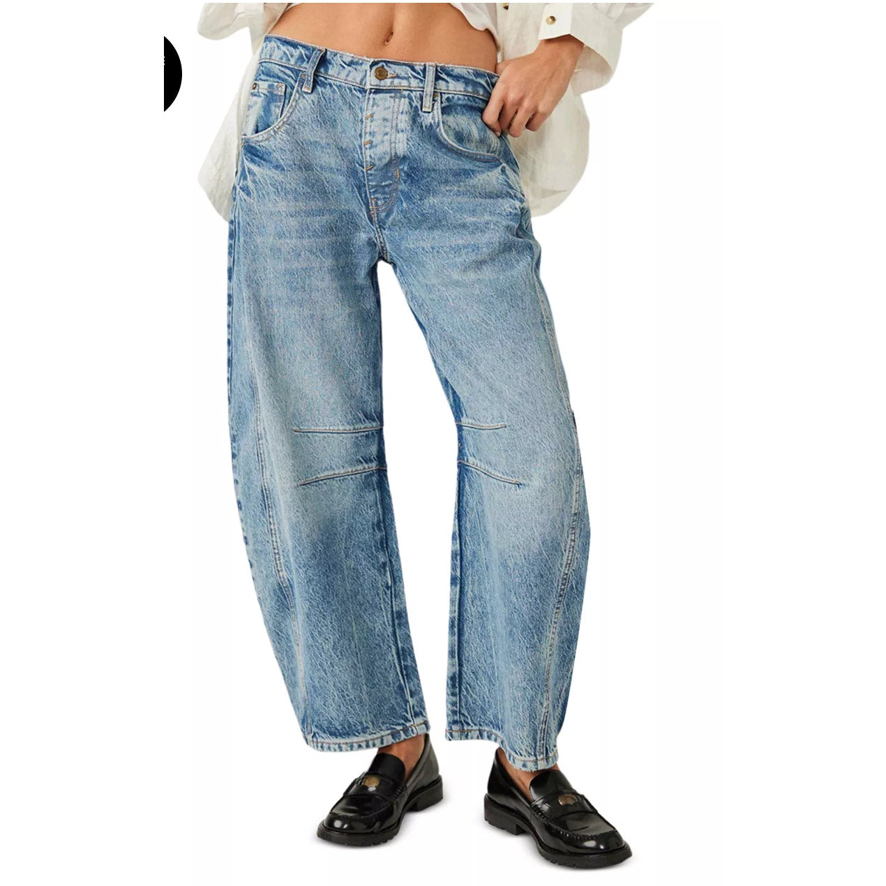 Free People Good Luck Mid-Rise Denim Barrel Jeans Ultra Light Beam 24