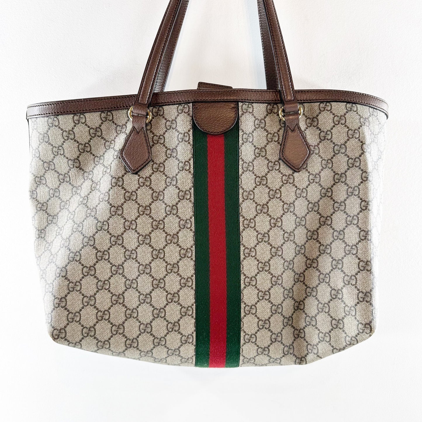 Gucci Ophidia GG Web Stripe Medium Tote Bag Beige Tan and Ebony