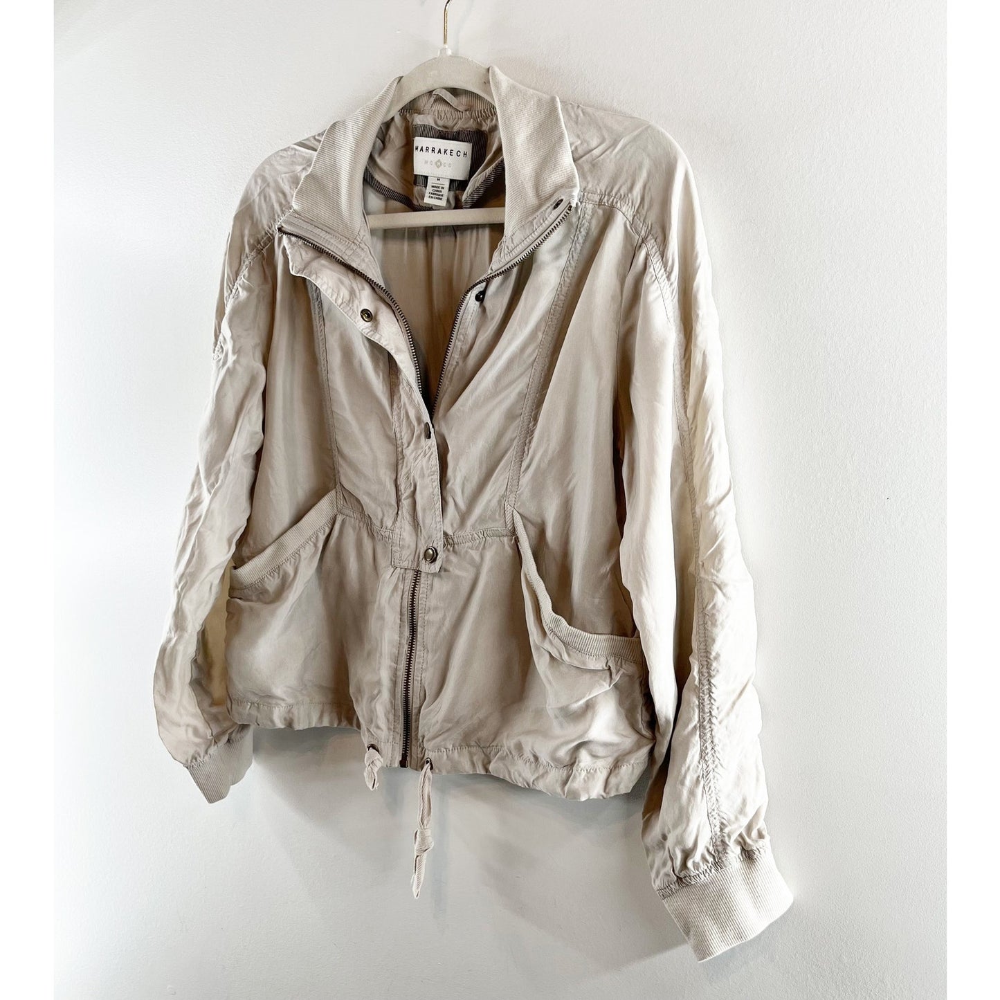 Marrakech by Anthroplogie Long Sleeve Zip Up Cupro Bomber Jacket Beige Medium