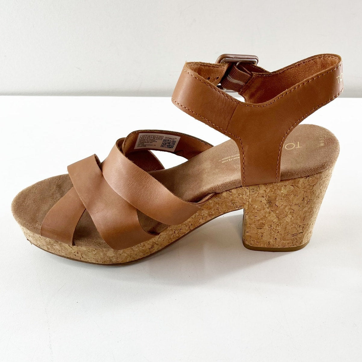 TOMS Ava Cork Block Heel Leather Sandals Brown 8.5