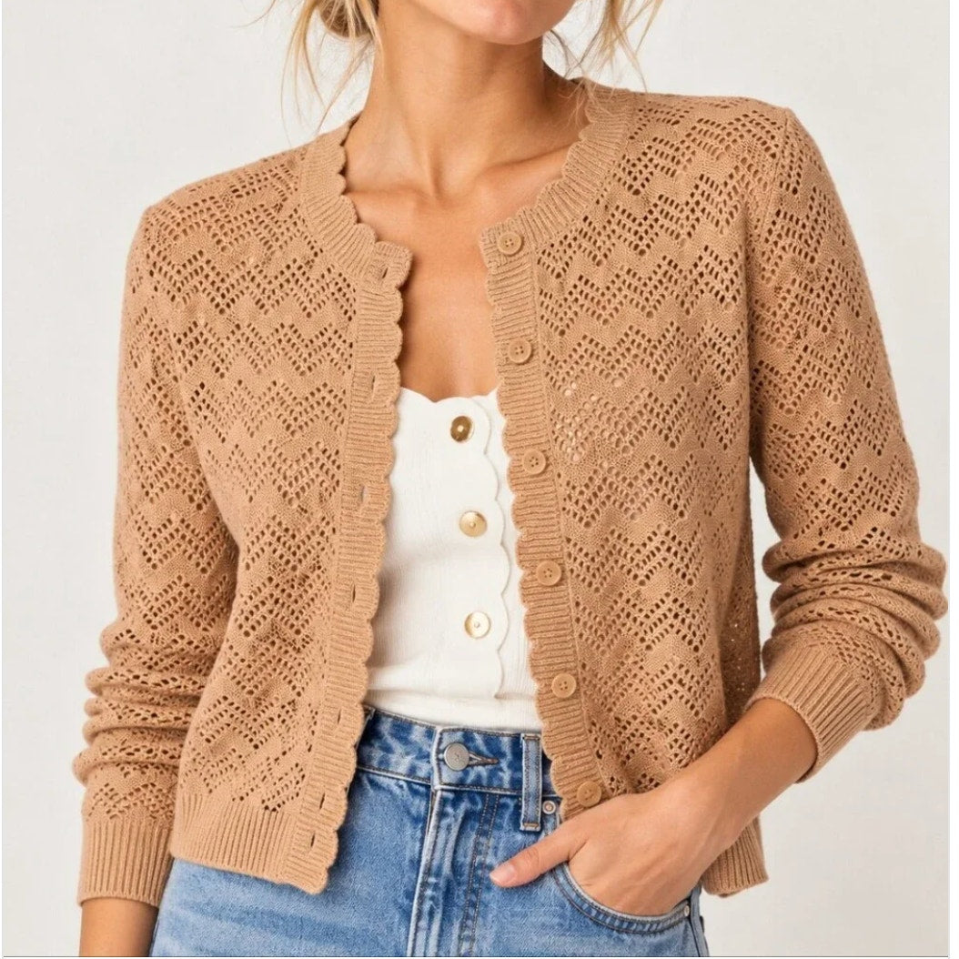 J. Crew Scalloped Pointelle Knit Cardigan Sweater Tan Beige XL