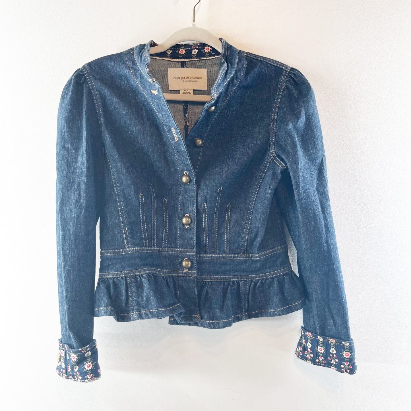 Pilcro and the Letterpress Anthropologie Peplum Military Jean Jacket Blue Small