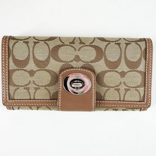 Coach Signature Canvas Logo Turnlock Card Holder Long Continental Wallet Brown