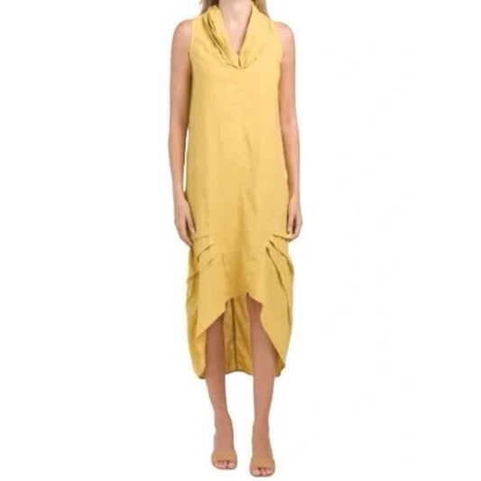 For Cynthia Linen Blend Cowl Neck High-Low Midi Dress Yellow Medium
