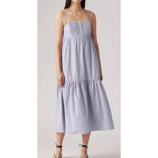 Levi's Issa Striped Sleeveless Smocked Tiered Midi Dress Blue White Small