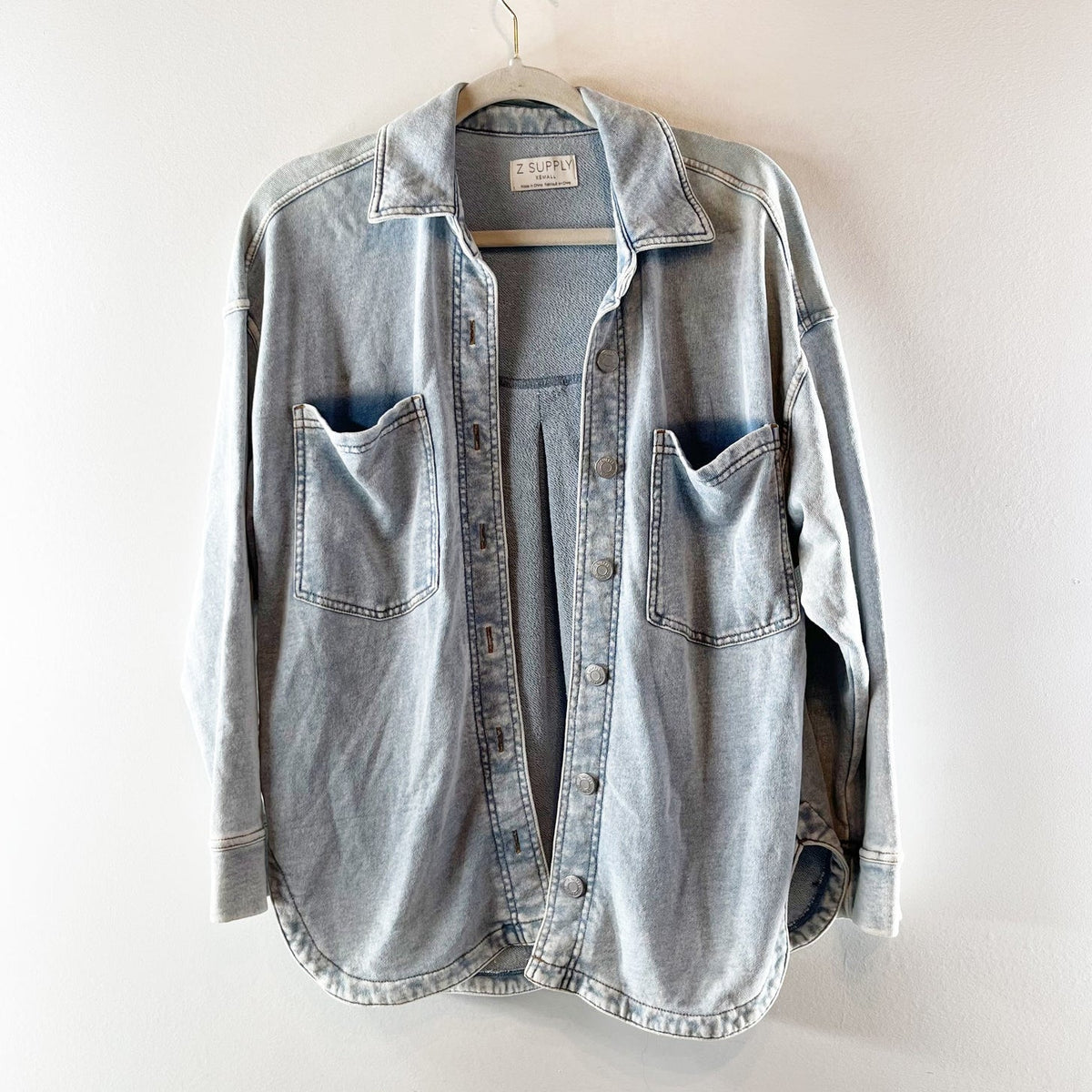 Z Supply Long Sleeve All Day Soft French Terry Knit Denim Jacket Light Blue XS