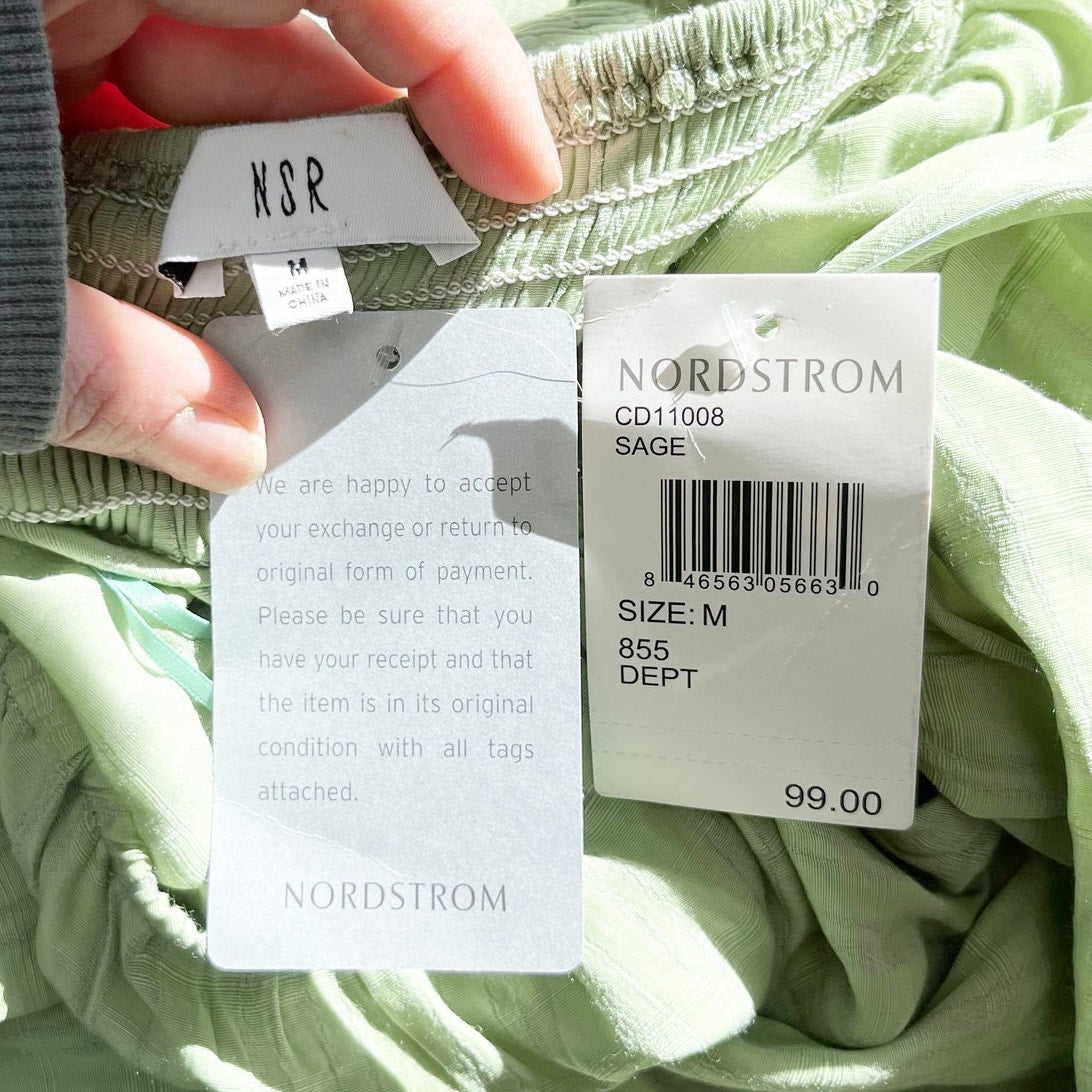 NSR Square Neck Short Puff Sleeve Tiered Smocked Midi Dress Sage Green Medium