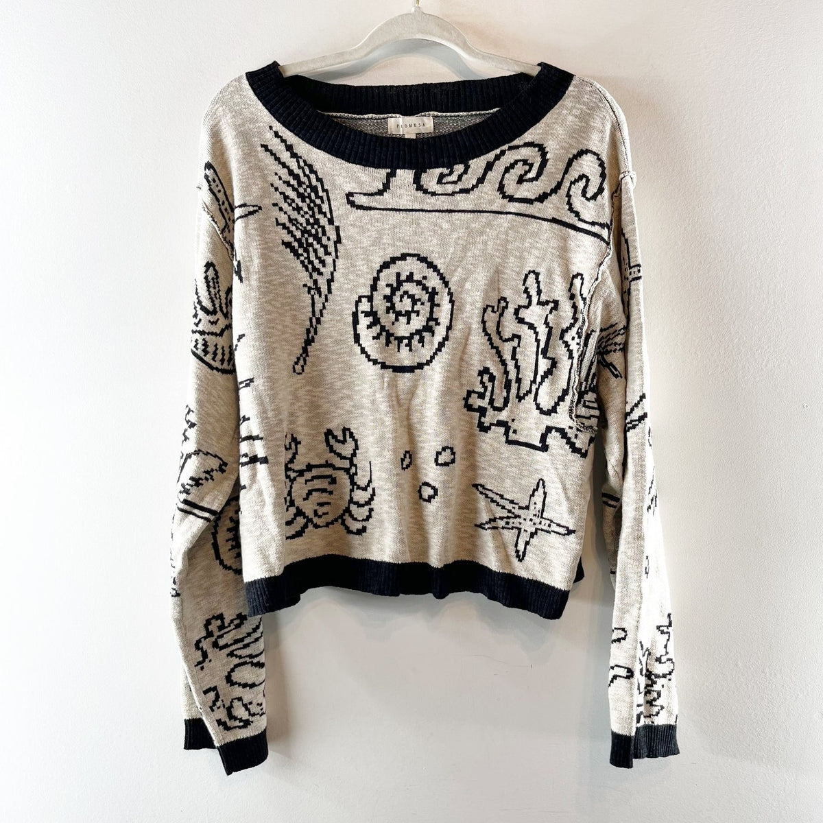 Promesa Beach Bash Nautical Long Sleeve Jacquard Knit Sweater Tan Beige Large