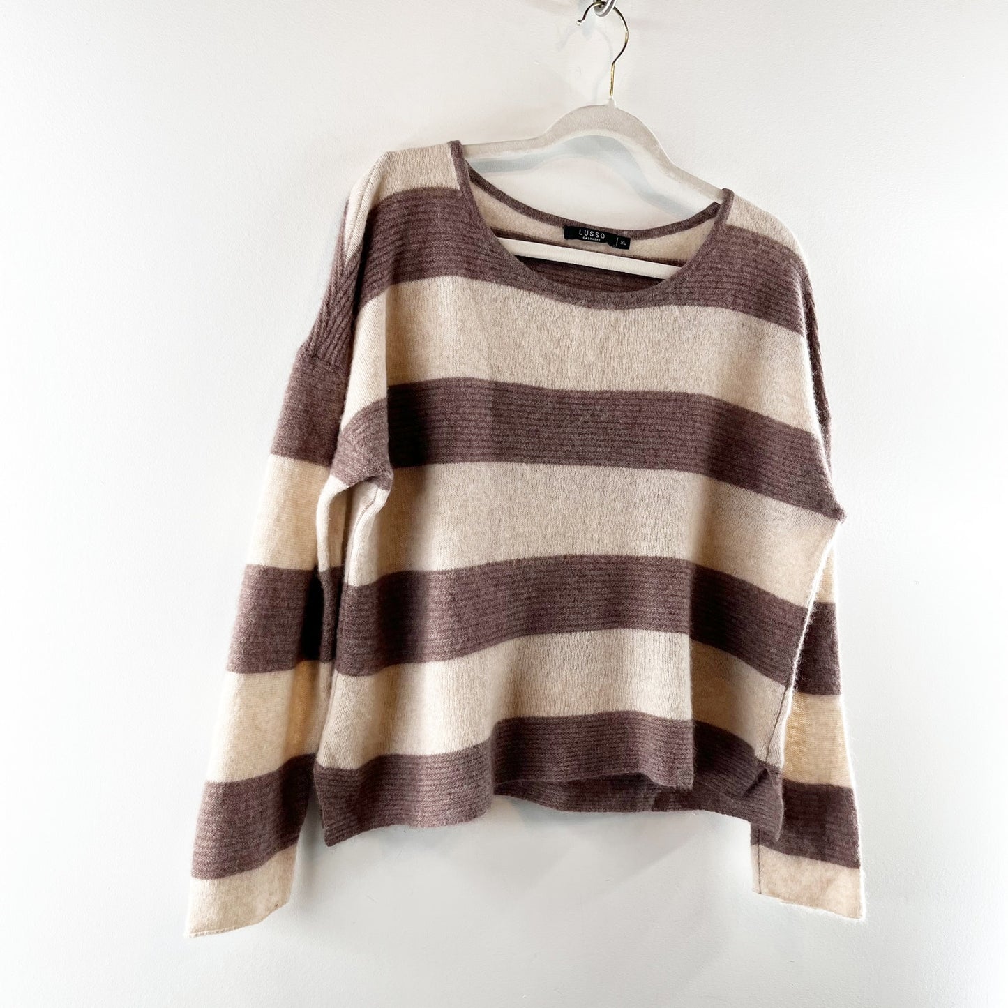 Lusso Logan Crewneck Cashmere Striped Long Sleeve Sweater Brown Tan XL