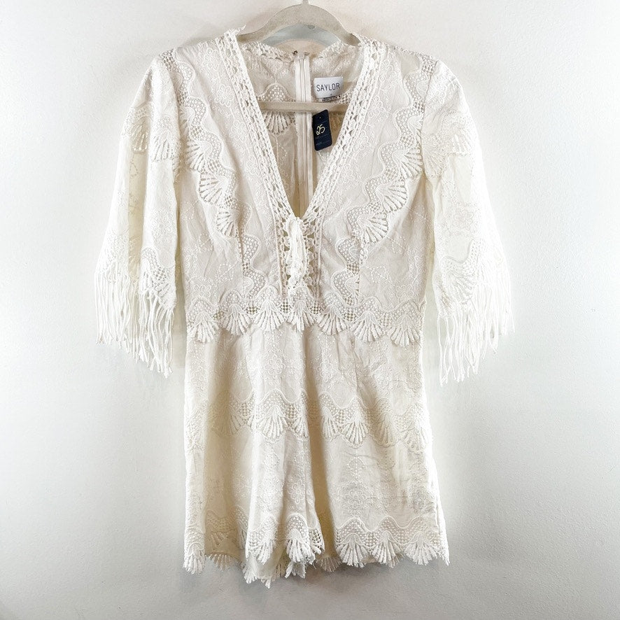 Saylor V Neck One Piece Short Sleeve Fringe Trim Lace Romper White Medium