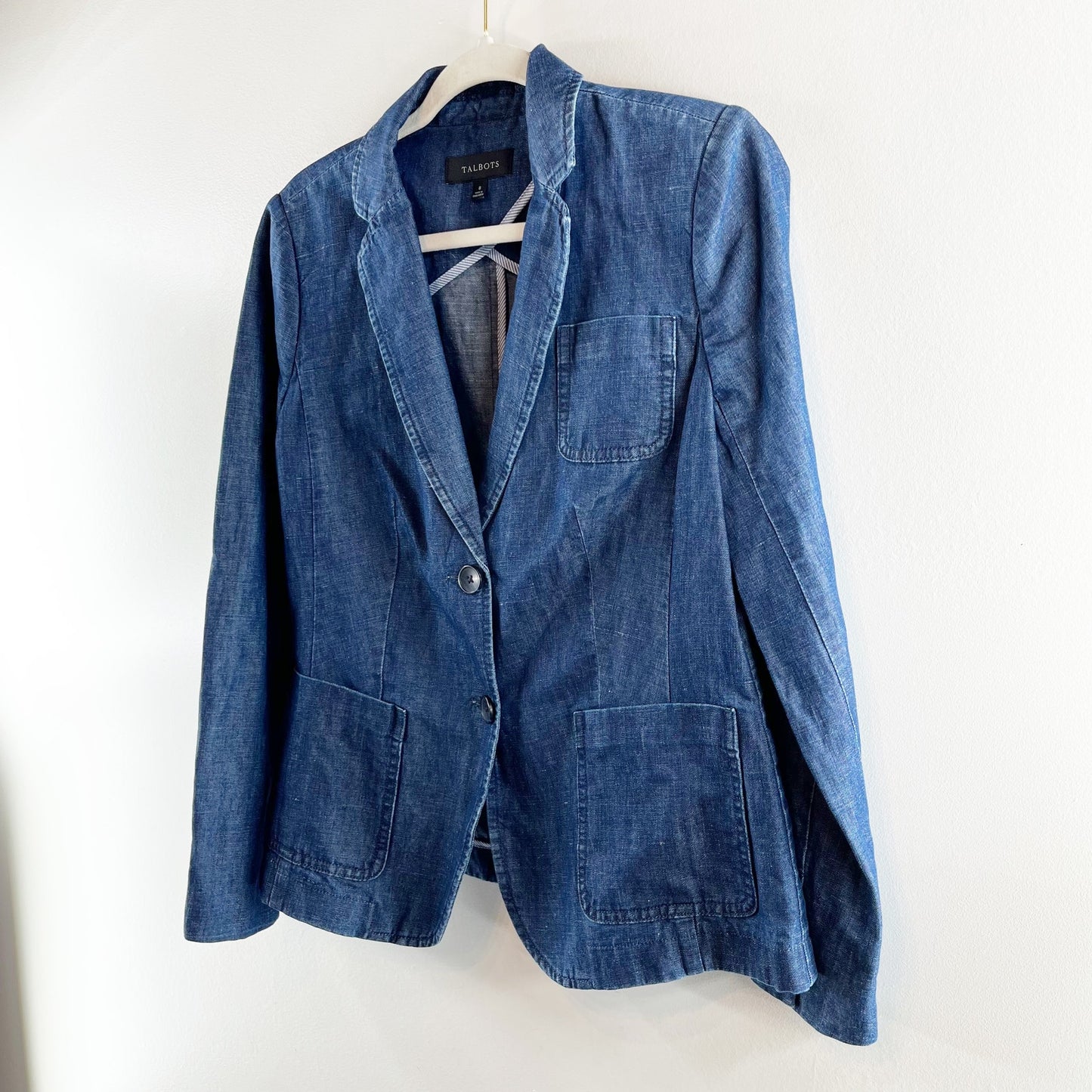 Talbots Double Button Denim Chambray Blazer Jacket Blue 8