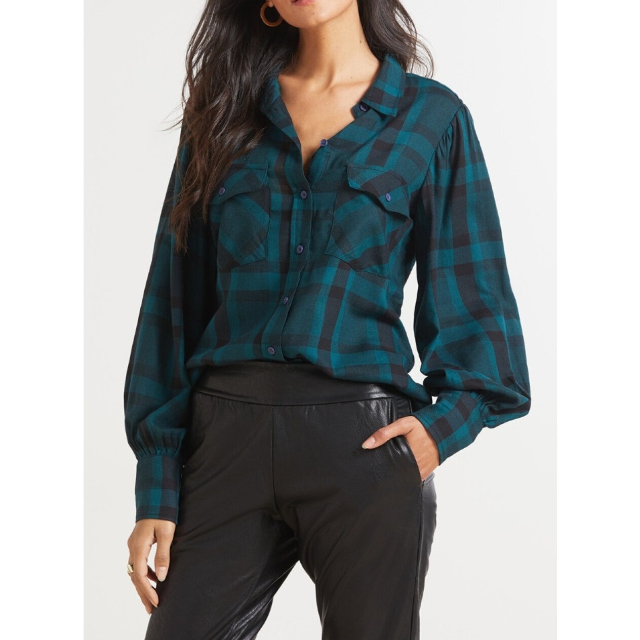 Sanctuary Fireside Boyfriend Button Down Plaid Shirt Teal Green Black Small