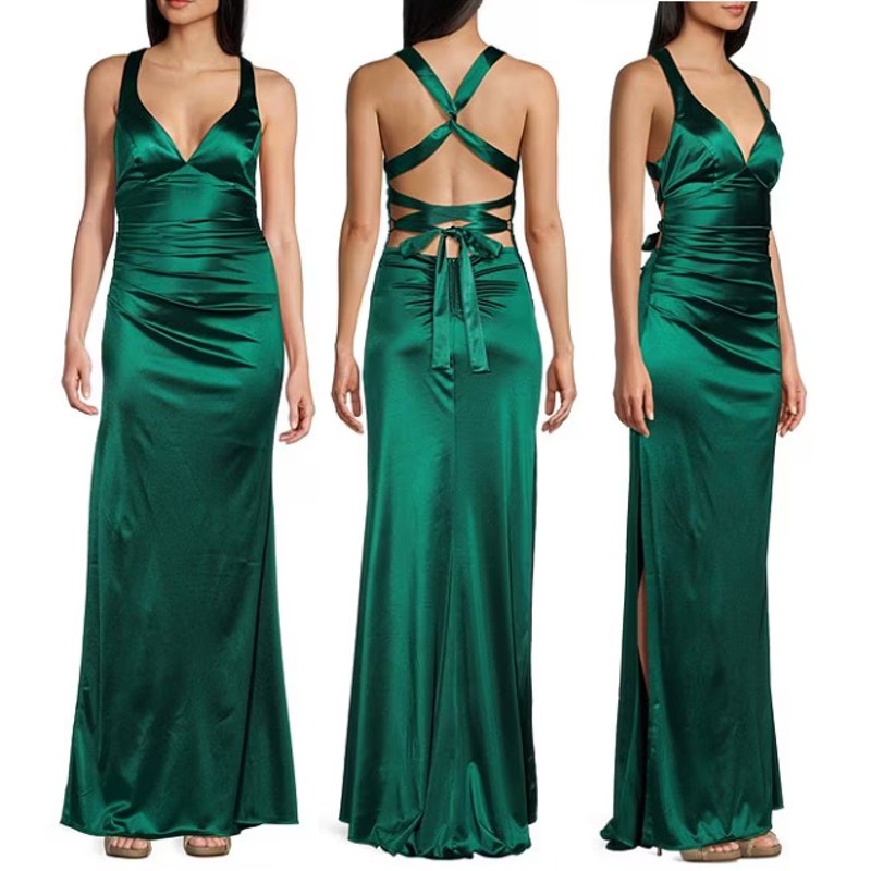 B. Darlin Sleeveless V-Neck Side Slit Satin X-Back Long Dress Hunter Green 0