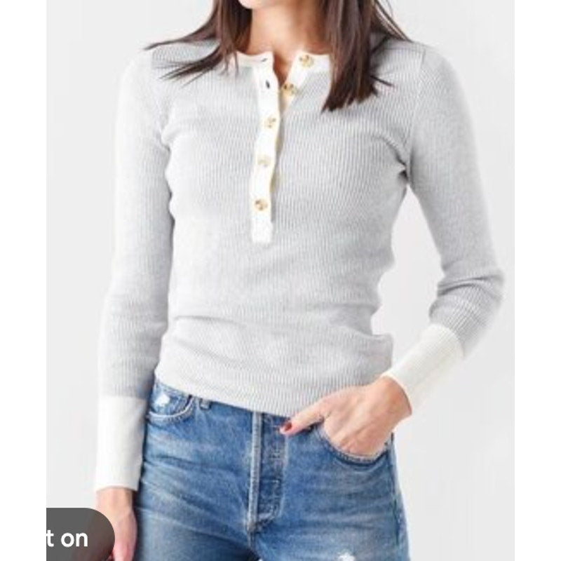 Faherty Mikki Henley Ribbed Cotton Cashmere Top Gray XS