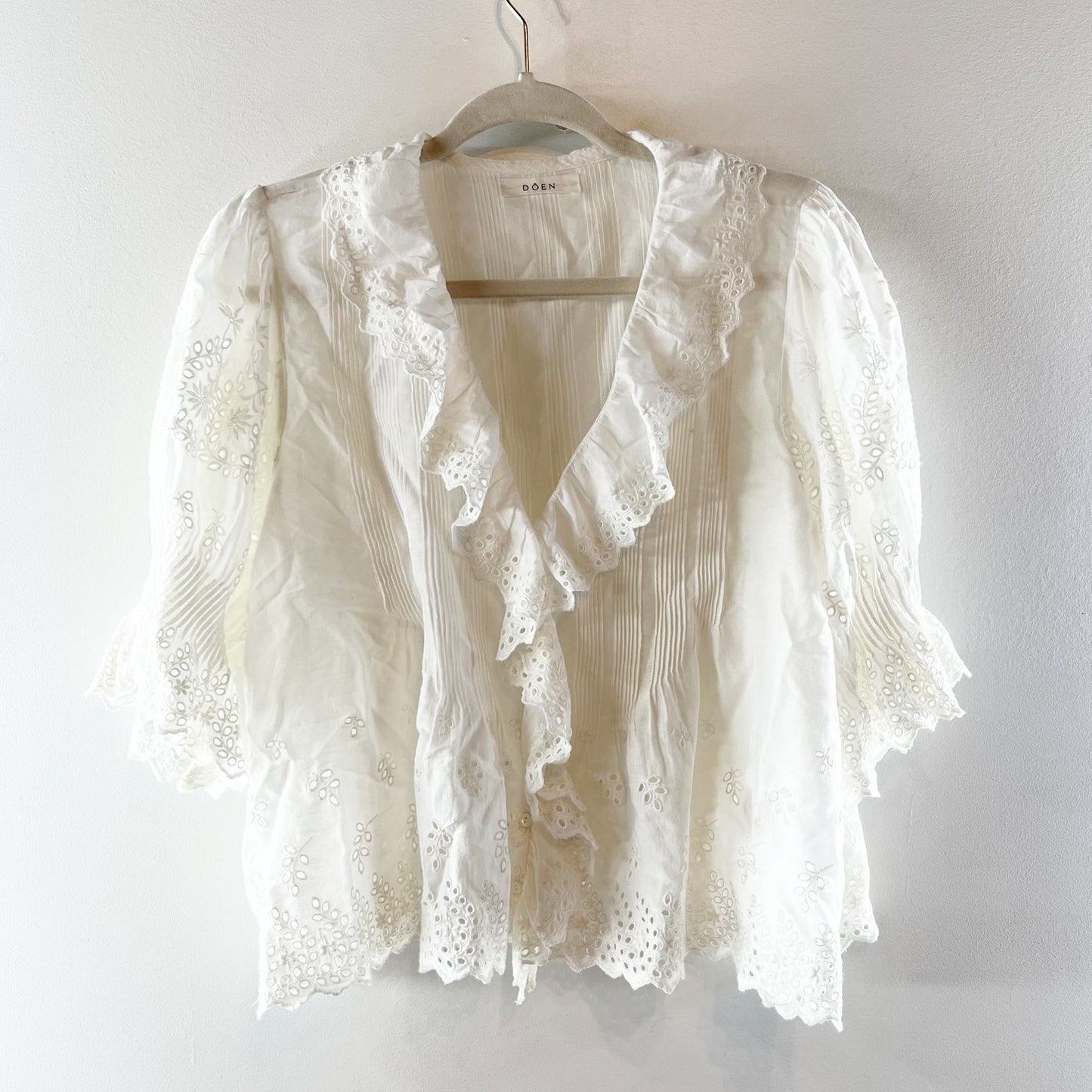 DOEN Organic Cotton Henri Puff Sleeve Button Front Blouse Top Salt Eyelet Medium