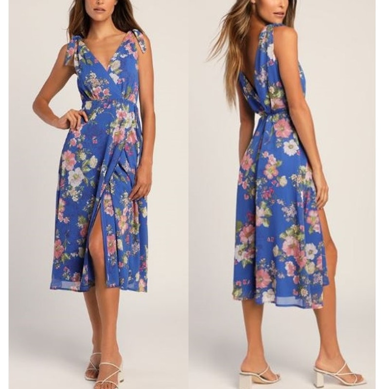 Lulus Sensational Season Floral Print Tie-Strap Wrap Midi Dress Blue Medium