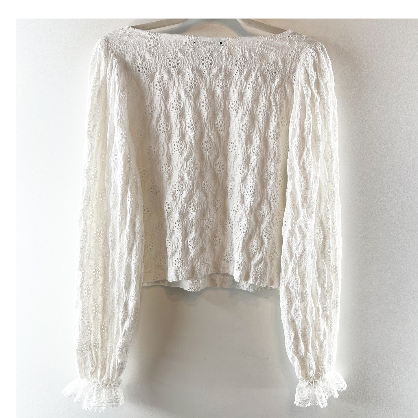 ZARA Long Sleeve Lace Pointelle Balloon Sleeve Blouse White Large