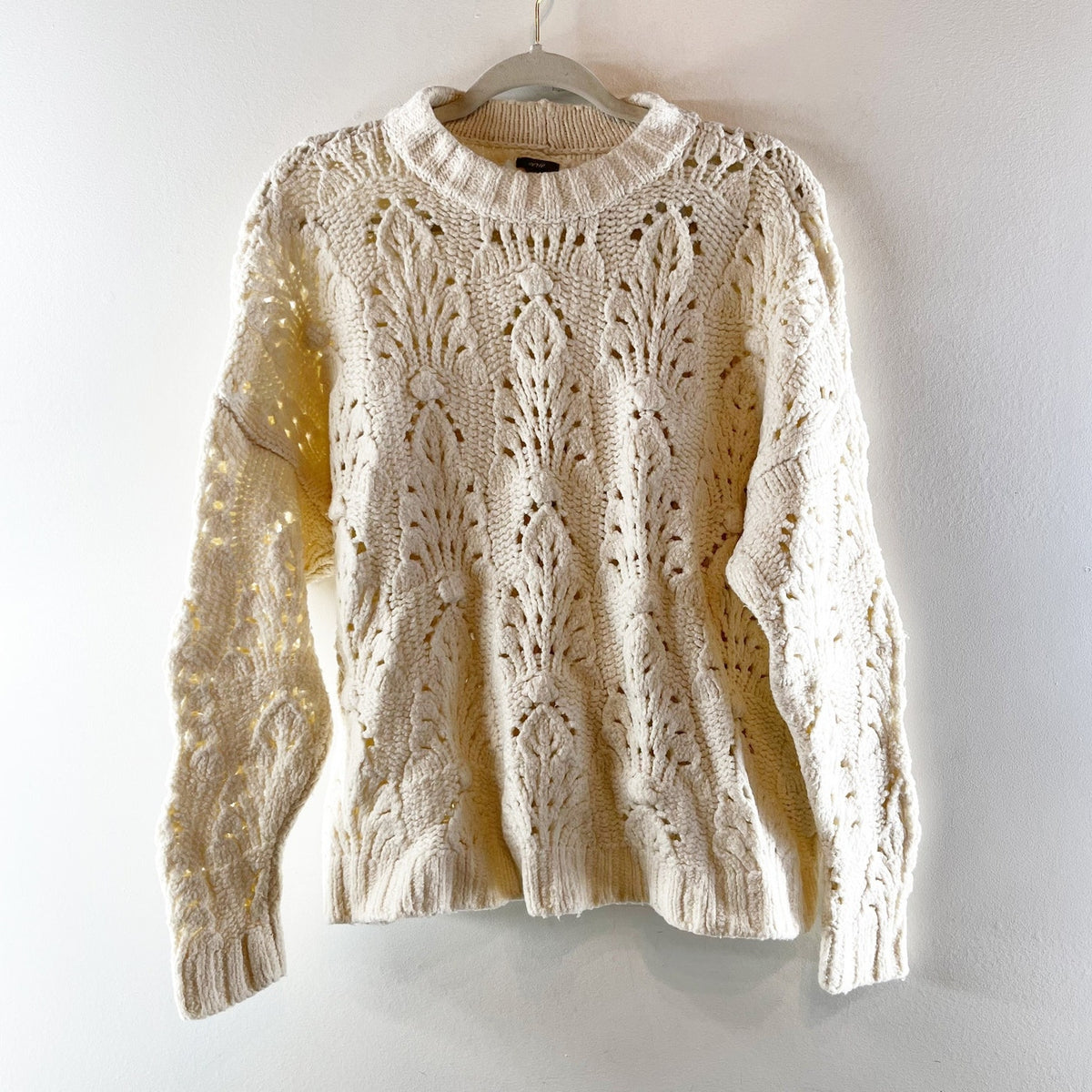Aerie Long Sleeve Open-Weave Knit Crewneck Pullover Sweater Cream Small