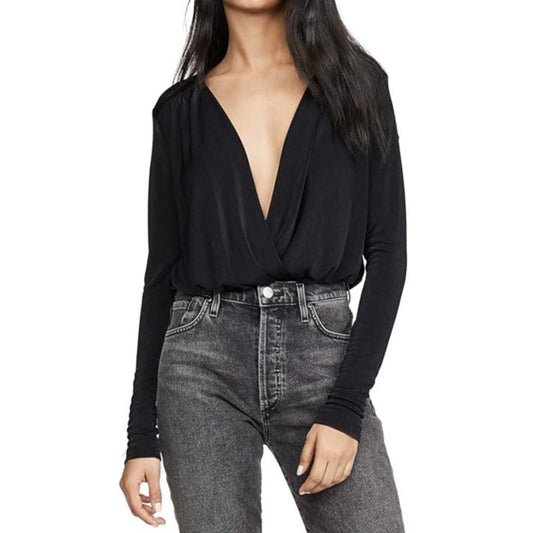 Free People Intimately Turnt Plunge Long Sleeve Thong Bodysuit Black Small