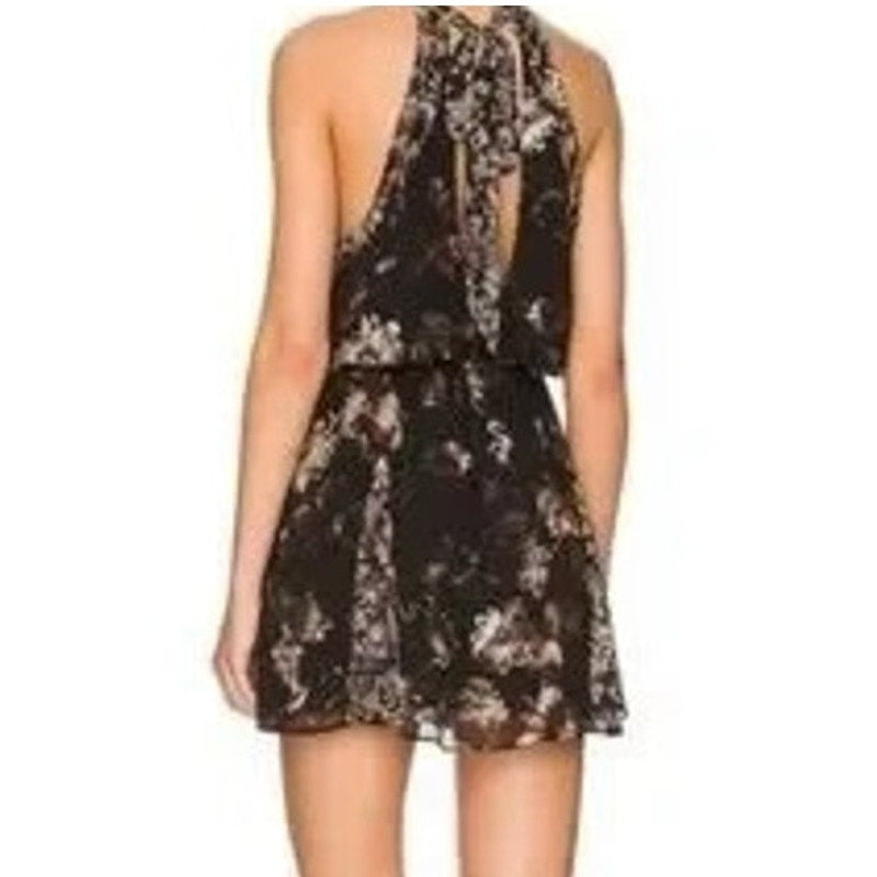 Free People Katerina Halter Tie Sleeveless Floral Mini Dress Black Small