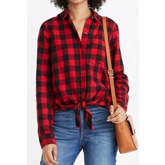 Madewell Buffalo Check Long Sleeve Flannel Tie Front Button-Up Shirt Red/Black M