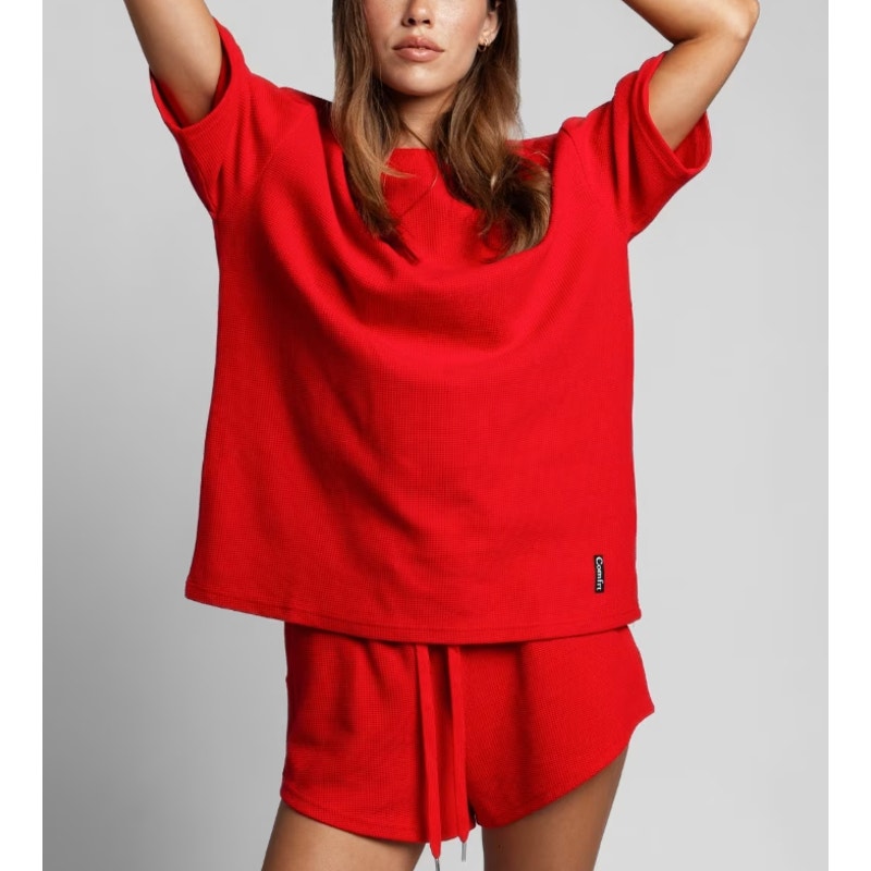 Comfrt Waffle Lounge Short Sleeve Oversized Tee and Shorts Matching Set Cherry M