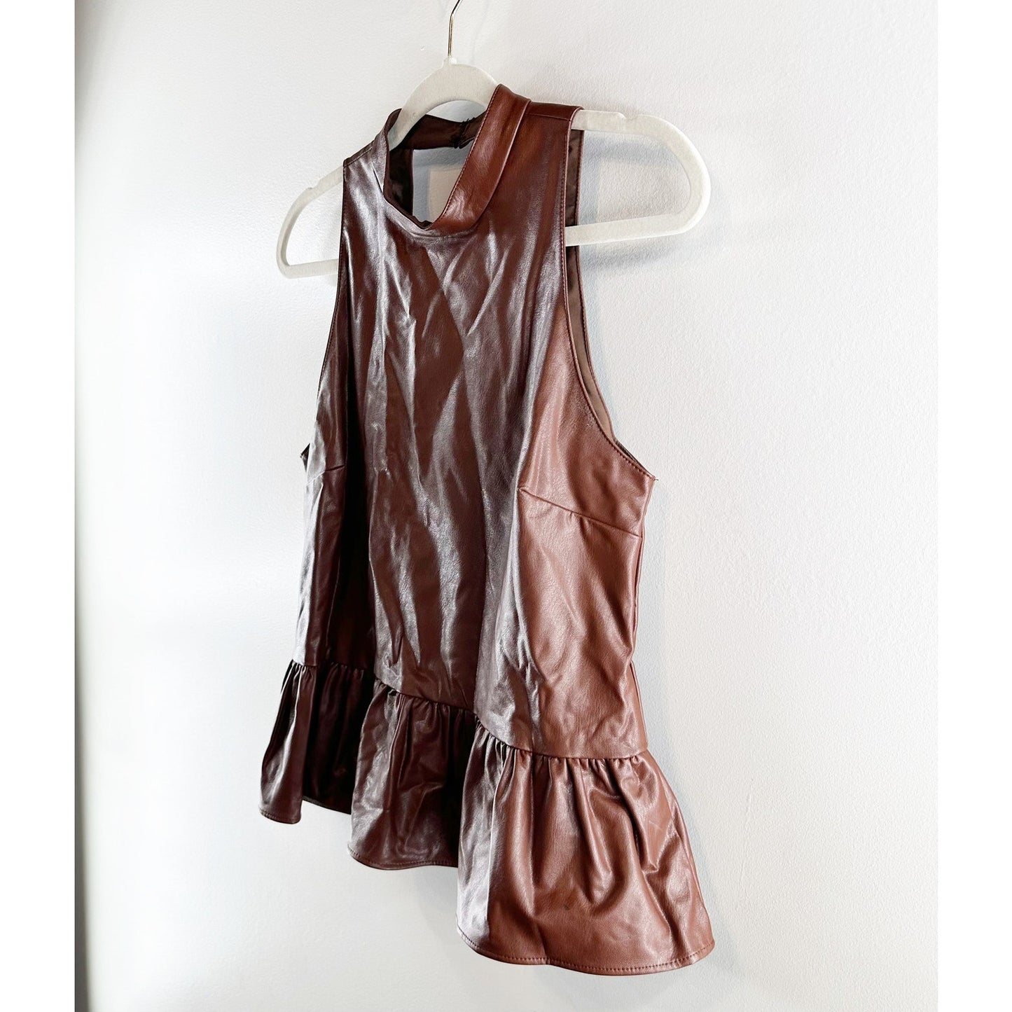 Amanda Uprichard Faux Leather Anders Peplum Ruffle Tank Top Brown Small