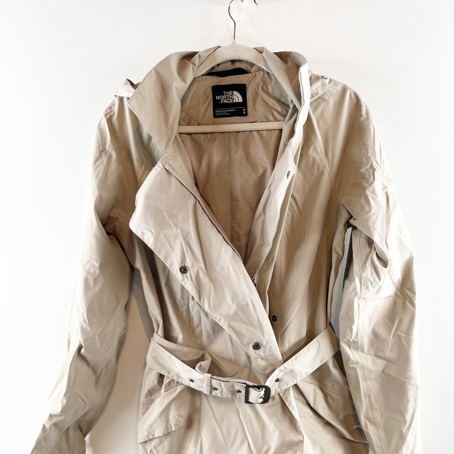 The North Face Kadin Long Sleeve Full Zip Hooded Trench Rain Coat Beige Medium