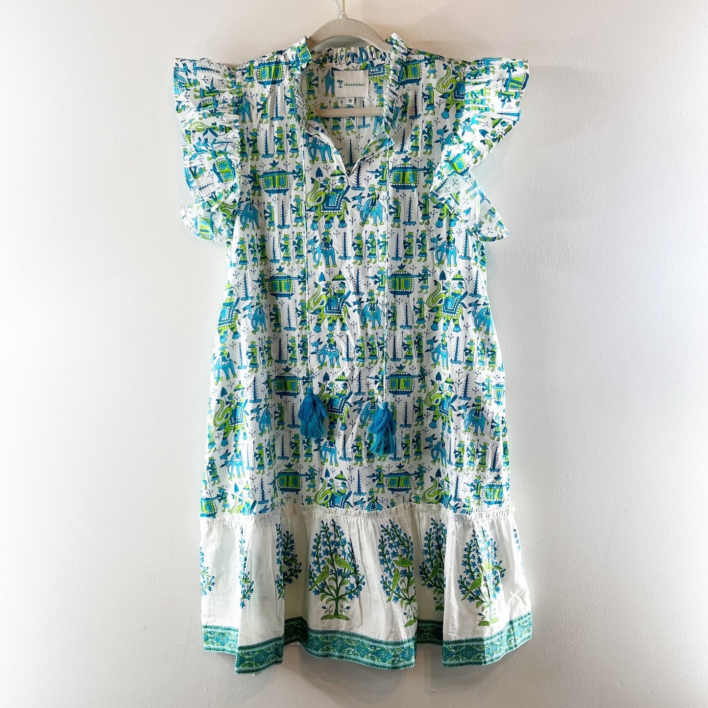 Islapayal Cotton Tunic Printed Ruffle Sleeve Mini Dress White Blue Green Medium