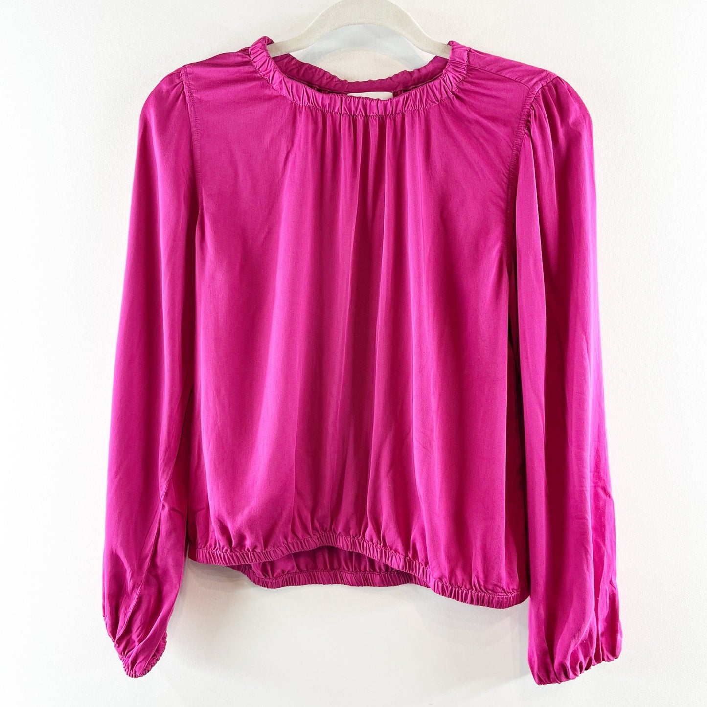 Cloth & Stone Lux Satin Balloon Sleeve Round Neck Banded Blouse Top Pink Small