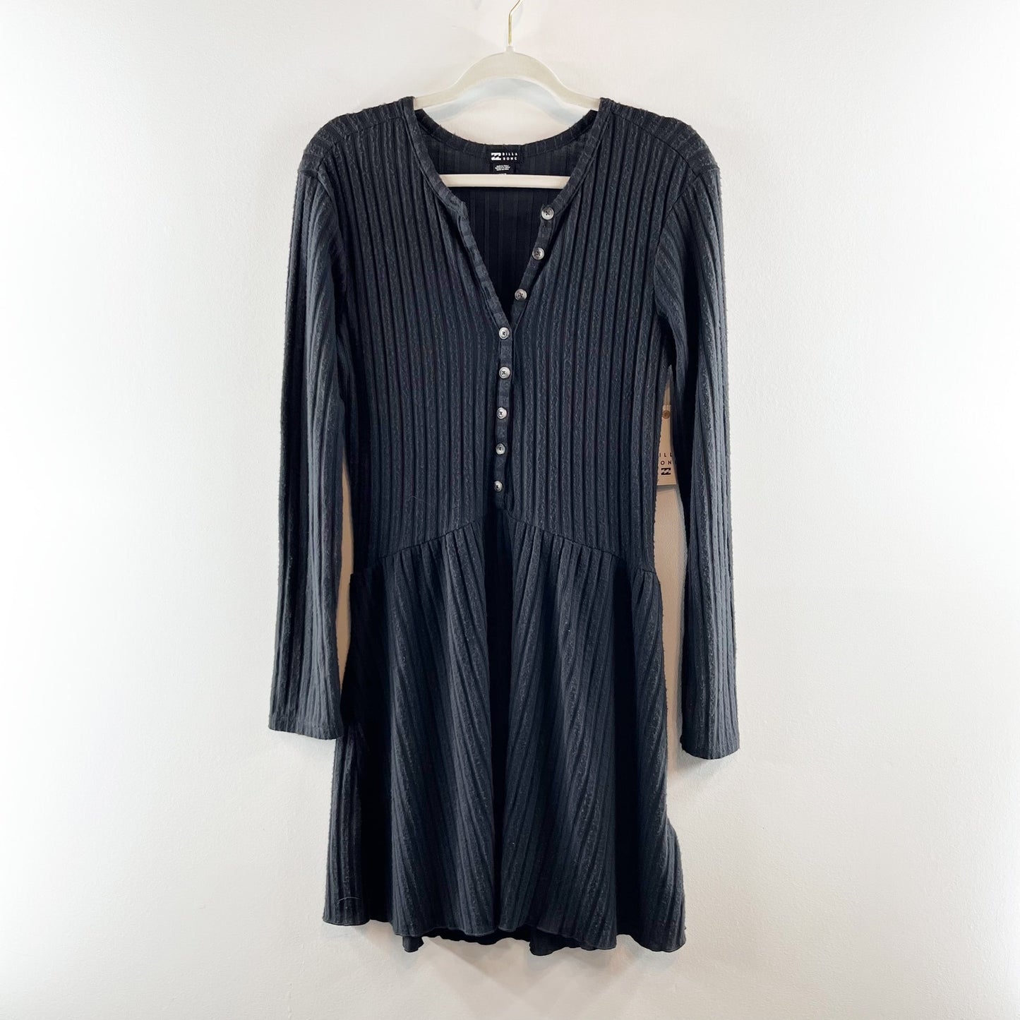 Billabong Always Lounging Long Sleeve Henley Neck Rib Mini Dress Black Medium