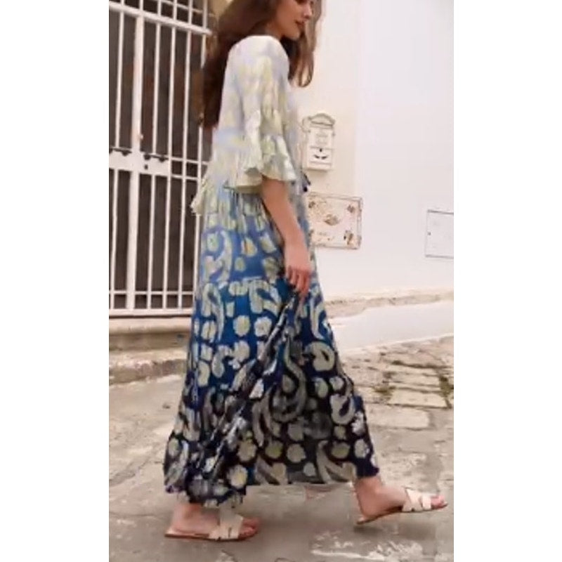 Debbie Katz South Beach Daniella Metallic Paisley Maxi Dress Blue Gold Small