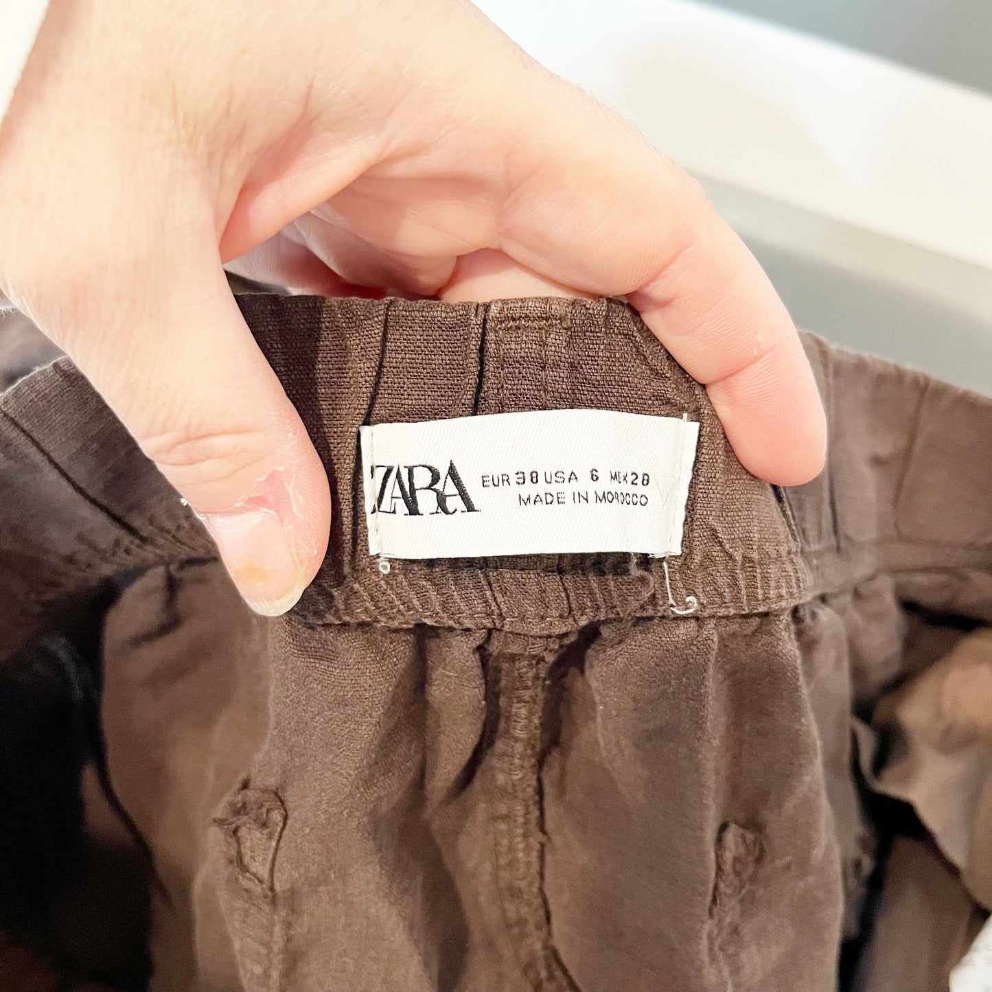 Zara Drawstring High Waisted Linen Blend Wide Leg Pants Chocolate Brown 6