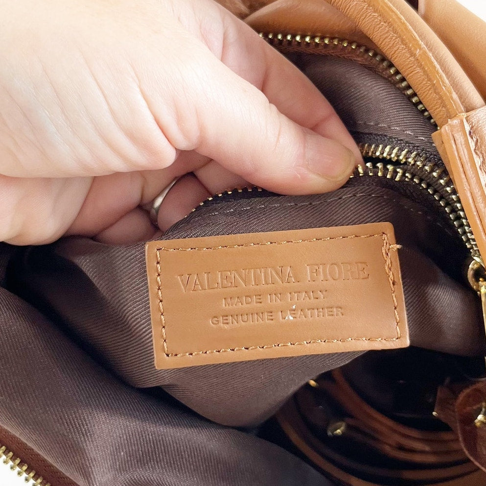 Valentina Fiore Quilted Leather Crossbody Bag Purse Brown
