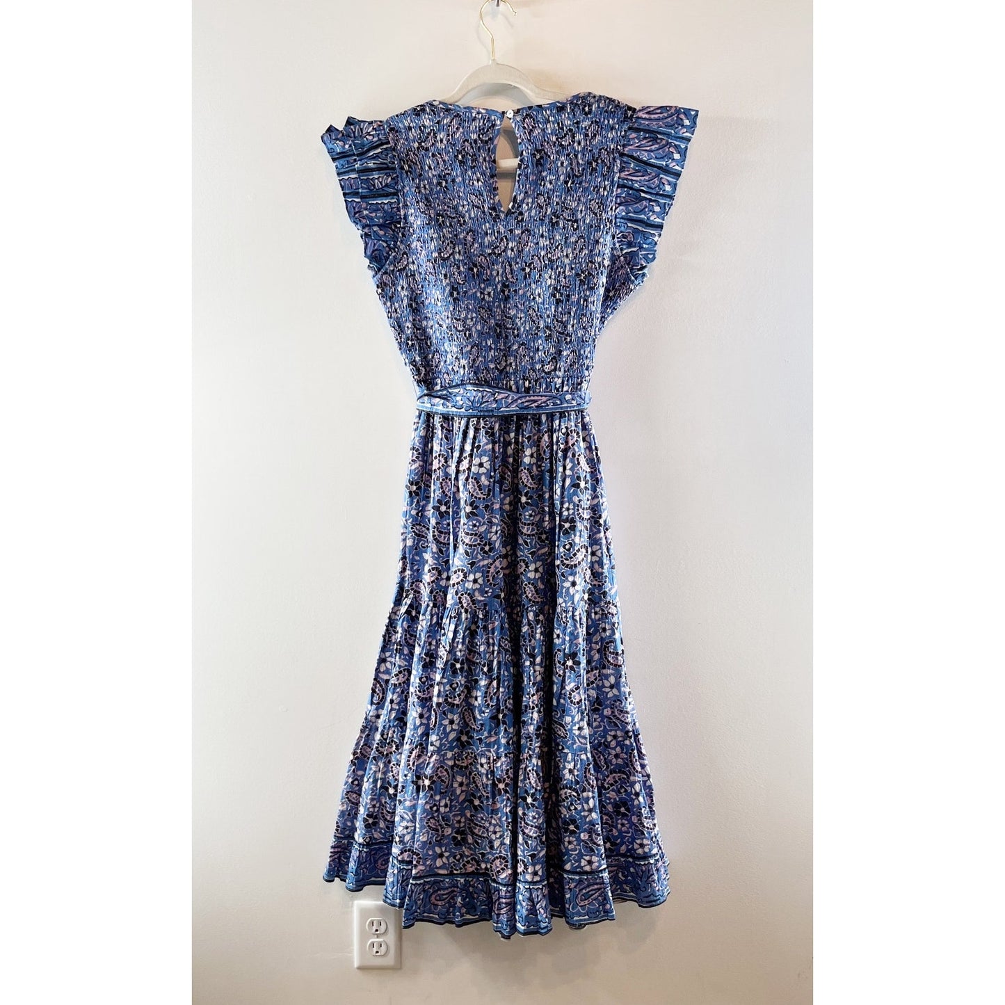 Cleobella Autumn Belted Ruffle Sleeve Midi Dress Paisley Print Blue Medium