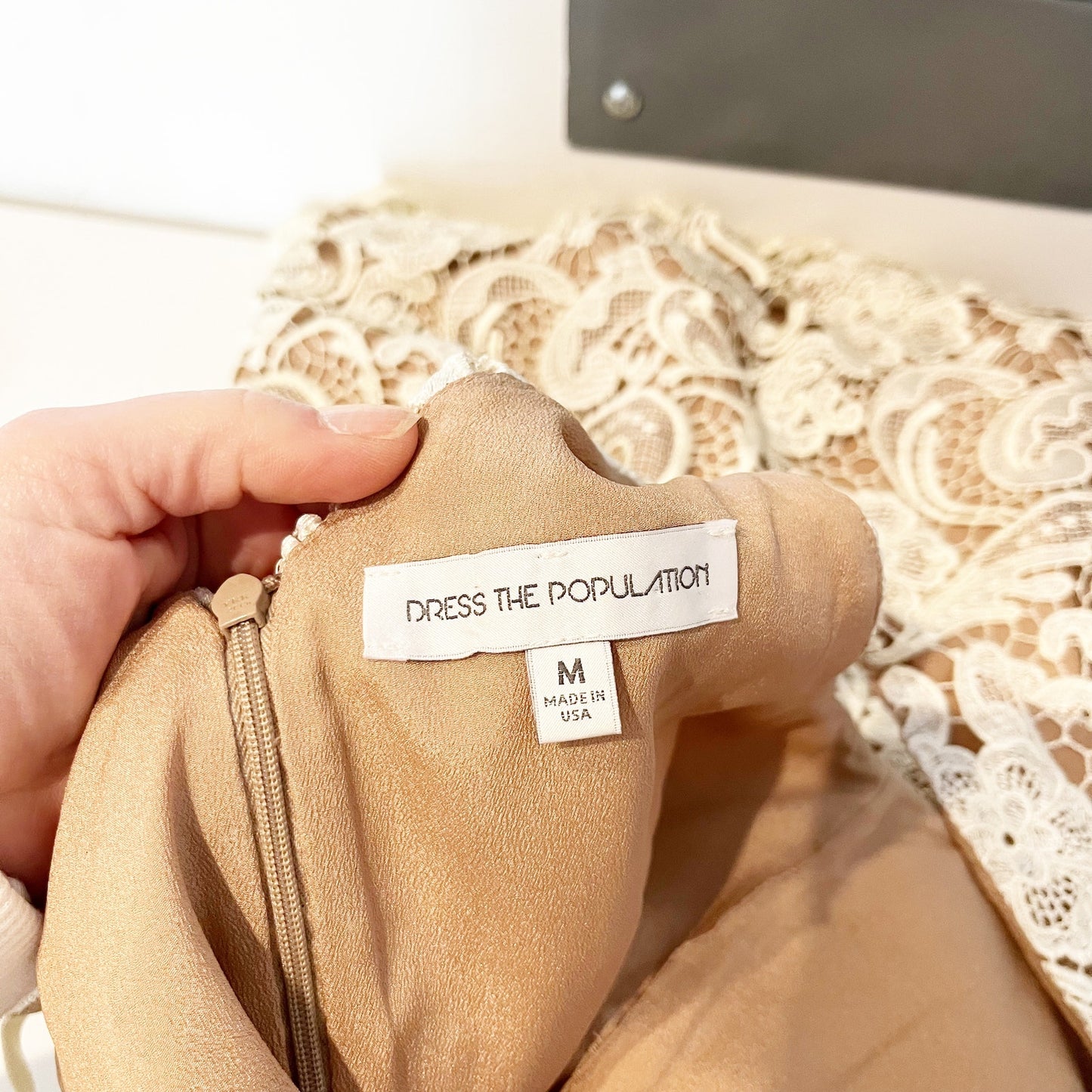 Dress The Population Ava V Neck Lace Lined Mini Dress Ivory Medium