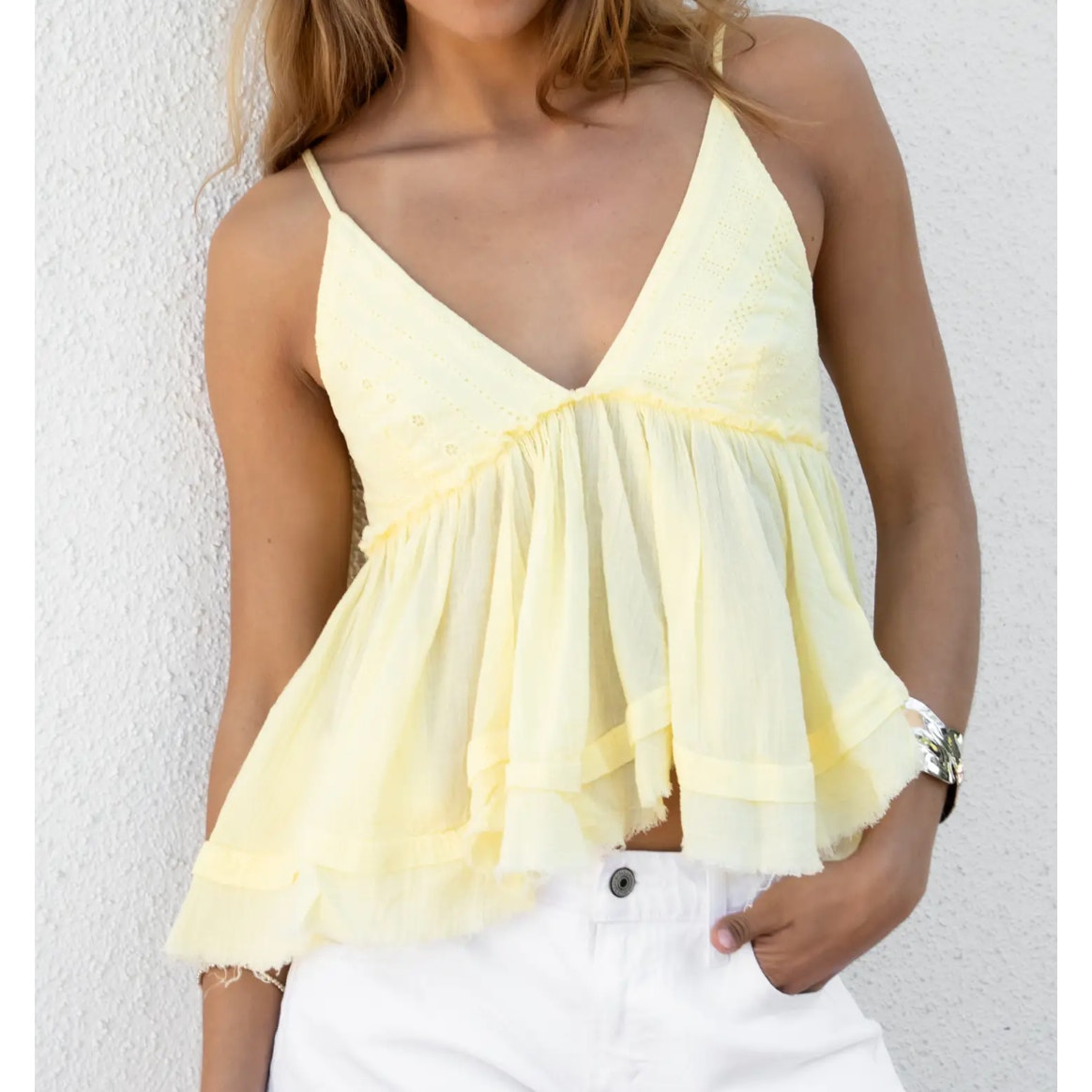 Sky to Moon V Neck Babydoll Handkerchief Hem Cami Tank Top Yellow Medium