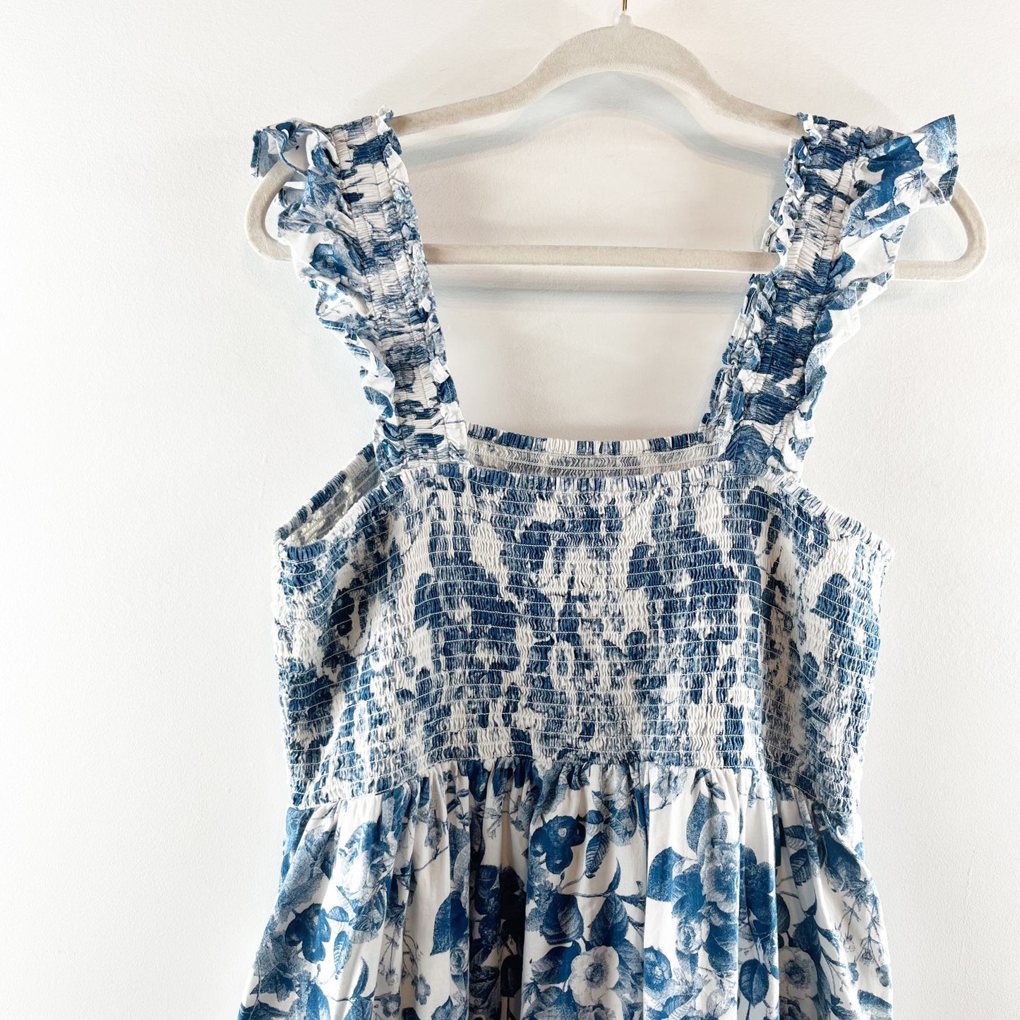 The Drop Smocked Bodice Ruffle Strap Square Neck Floral Midi Dress Blue XL