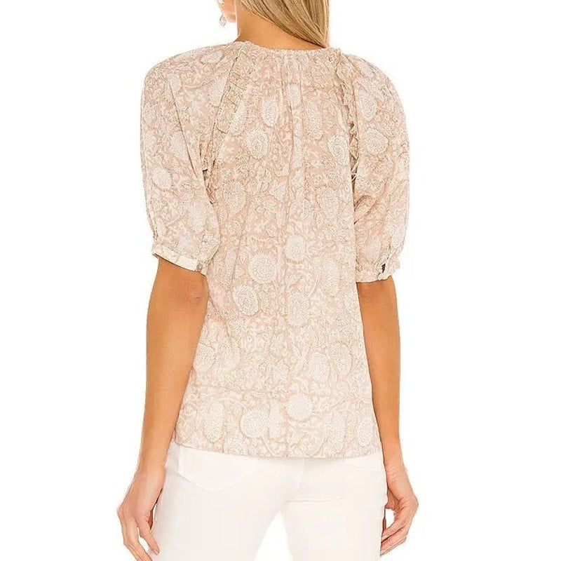 Cleobella Raimi 100% Organic Cotton Blouson Sleeve Blouse Top Beige Small