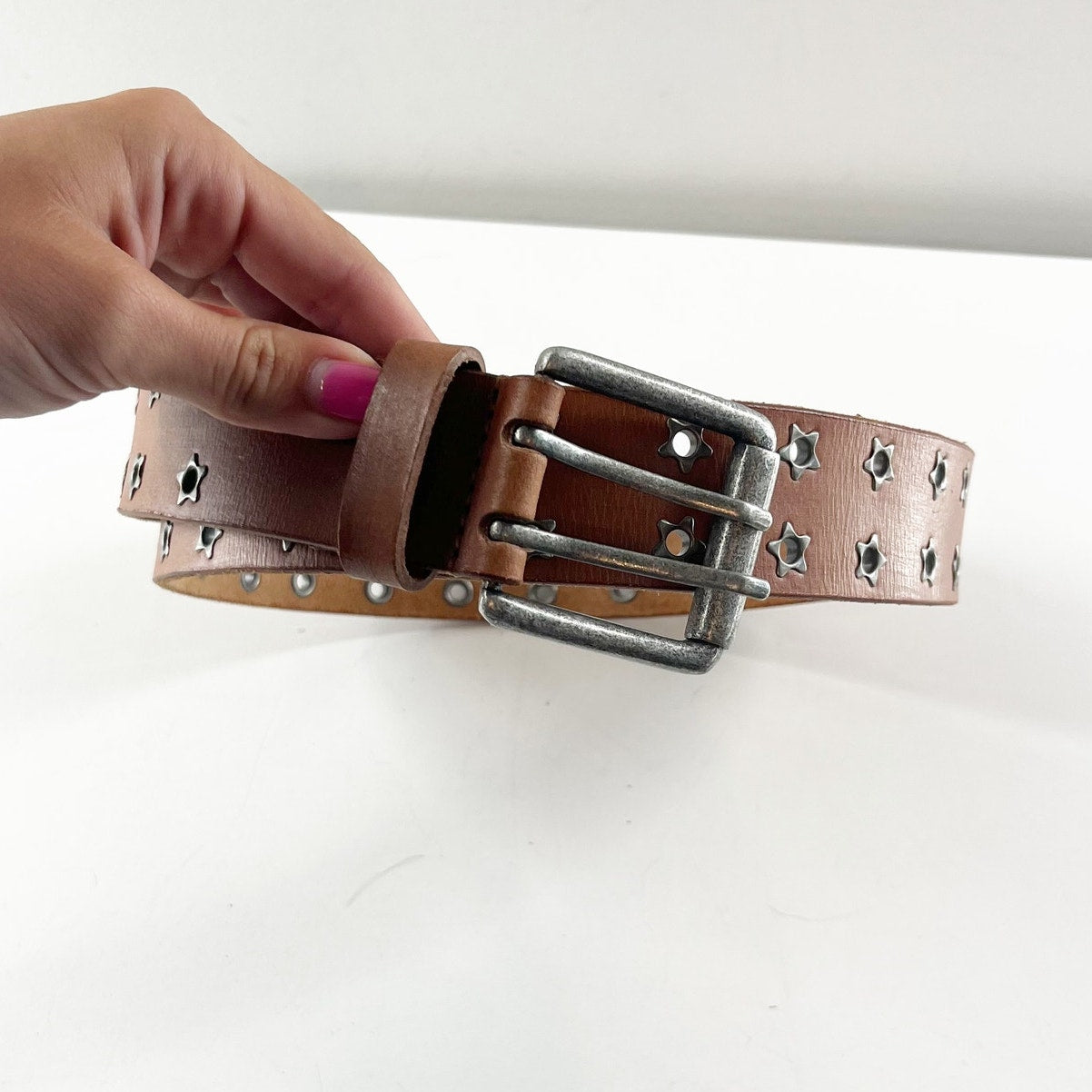 Free People Virgo Leather Studded Grommet Belt Cognac Brown Small / Medium